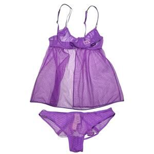 Victoria's Secret Peekaboo Mesh Open-Cup Babydoll Set Purple Tease Size XS